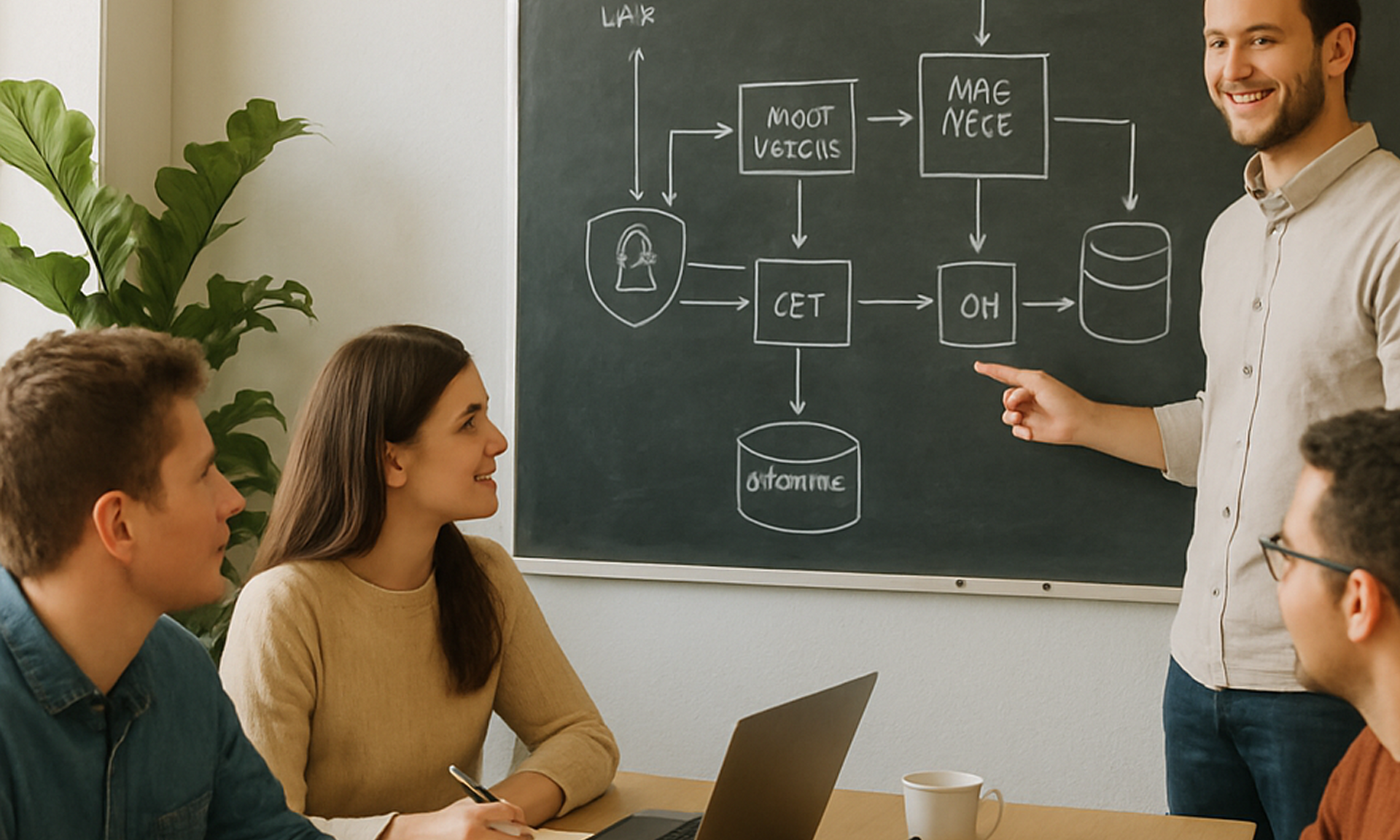 Team collaborating around a whiteboard with AI system diagrams